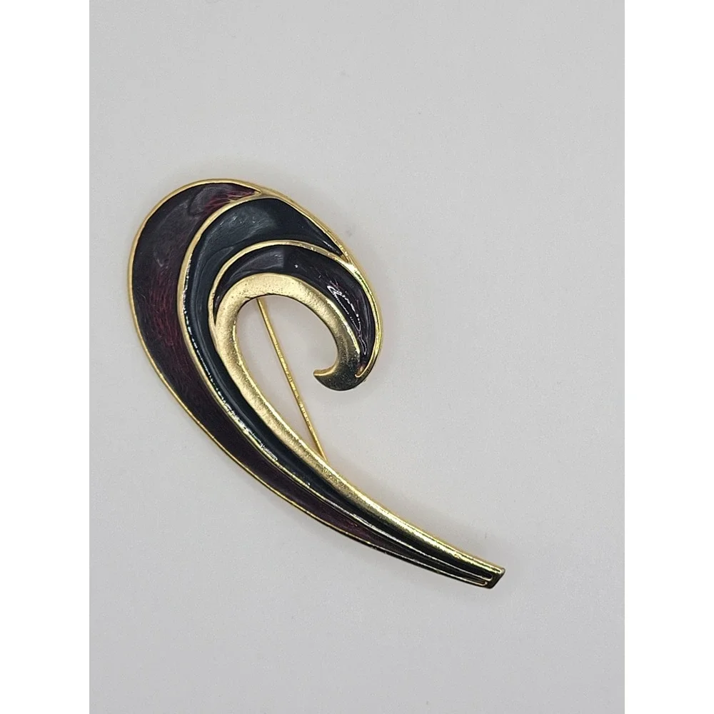 Vintage Gold Tone Abstract Swirl Brooch Burgundy Red‎ Black Enamel Wave Pin